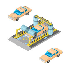 Isometric automated Car Wash - Dirty car being washed and cleaned before and after.