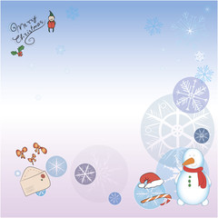 Christmas card with a snowman and elf without a hat. snowflakes, stars, Santa hat, snowman, envelope and the staff kept on separate layers - can be turned off.