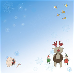 A  christmas card square with reindeer and elves. snowflakes, stars, Santa Claus, the envelope and the other located on separate layers - can be turned off.