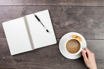 Notes during the coffee break. minimalistic composition. Top view. empty white space you can put your text