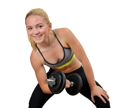 Girl exercise biceps muscles with dumbbells on white background
