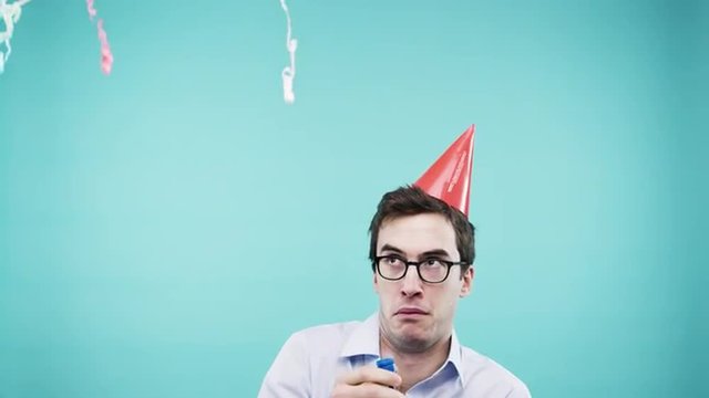 Crazy Face Man Pulling Party Popper Slow Motion Photo Booth Blue Background