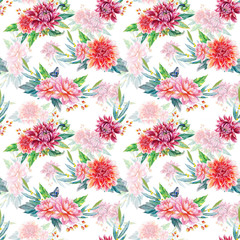 Seamless pattern with red dahlia.