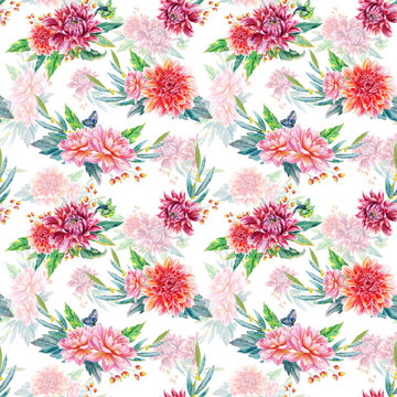 Seamless pattern with red dahlia.