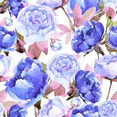 Seamless pattern with blue peonies, leaves.