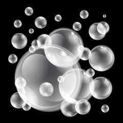 soap bubbles vector set on black background. Sphere ball, design water and foam, aqua wash illustration