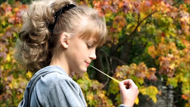 Жевательная резинка. Девочка жует жвачку и вытаскивает жевательную резинку изо рта. Портрет красивой девочки на фоне осенних листьев