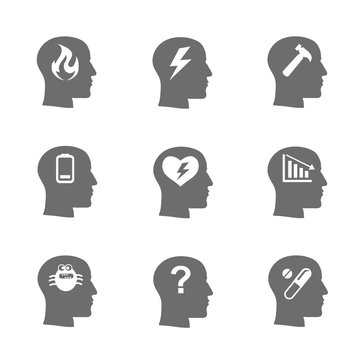Mental health icons set,  Stress concept, depression. Load