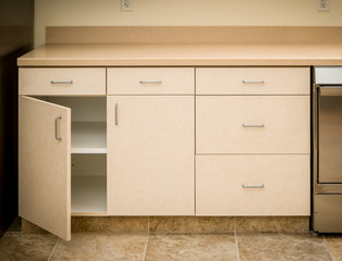 Kitchen counter and cabinets with cabinet door open