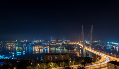 Naklejka premium Vladivostok. Night view of Golden bridge. Russia