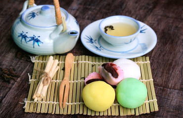 Mochi japanese dessert red bean colorful and hot tea