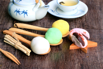 Mochi japanese dessert red bean colorful and hot tea