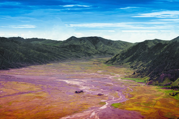 View of path and desert of Mount Bromo Volcano colorful, East Ja