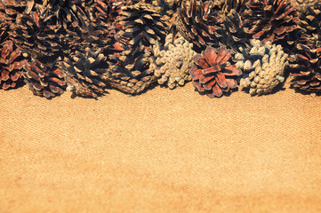 Background with pine cones on sacking. Vintage style.