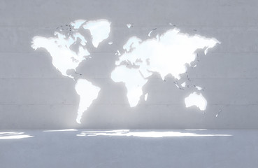 World map window in concrete wall - 3D render