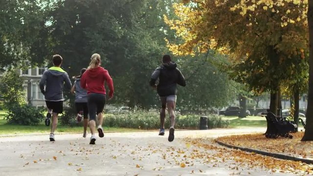 Group of runners running in park wearing wearable technology connected devices
