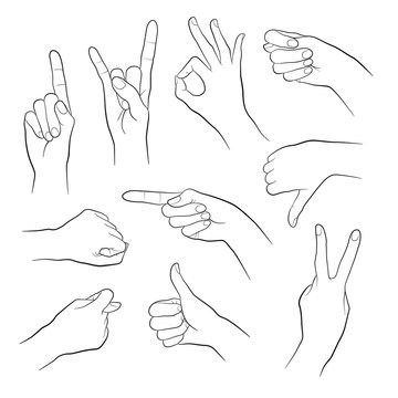 Human gestures. People hand signs. Woman hand outline isolated on white background. Ok, thumb up, thumb down, fig, victory, pointing finger, ign of the horns.