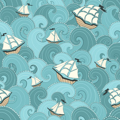 Marine background. Ships and waves sea .seamless pattern.