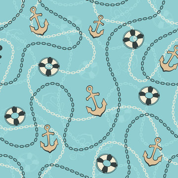 Marine seamless pattern. Sea ship anchors and chains background.