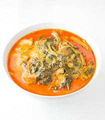 pork red curry with vegetable and noodle on white background