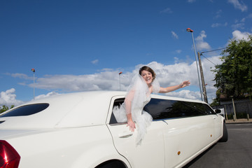 Luxury limo limousine with a bride under blue sky - obrazy, fototapety, plakaty