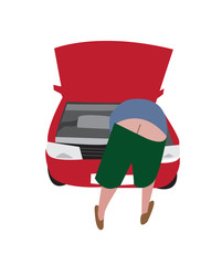Humorous vector image of a man looking under bonnet of a car