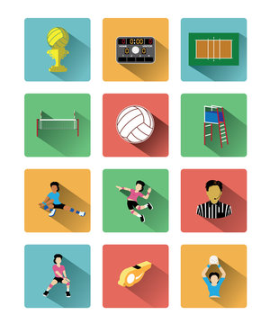 Modern flat volleyball icons set with long shadow effect