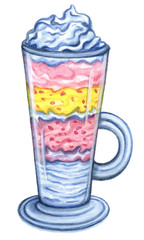 Sundae dessert with Whipped Cream, Isolated on White Background, hand drawn watercolor Sweet Dessert clip art.