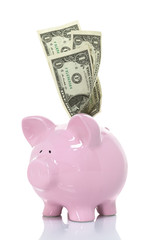 Dollars going into a piggy bank