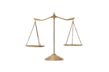 golden brass scales of justice on the white