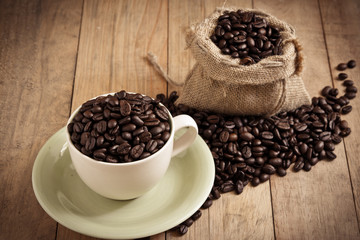 Cup full of coffee beans on wood ,Vintage style ,Still life