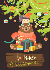 Girl gives gifts to bear