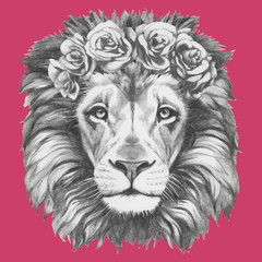 Hand drawn portrait of Lion with floral head wreath. Vector isolated elements.