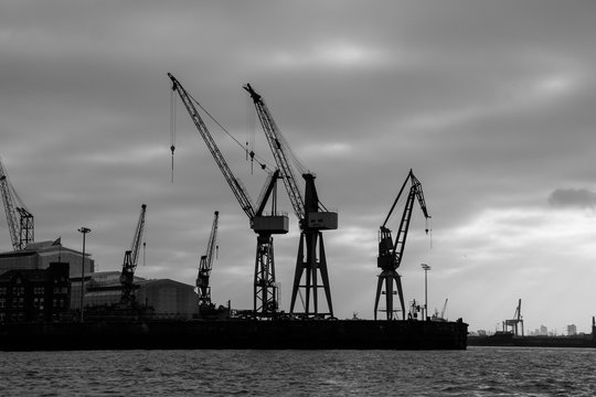 Dock with many cranes in the harbour of Hamburg
