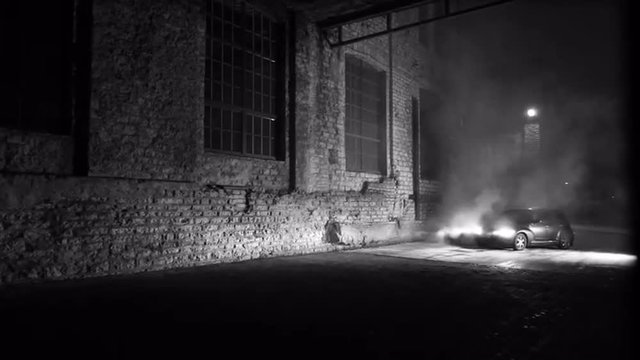 Shot of Arriving of Music Band at Night. Noir Film Style.