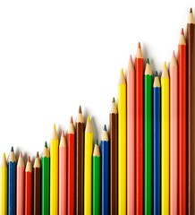 Close shot of a row of colored pencils against a white background.