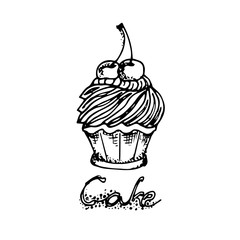 Illustration. Cake with cherries. Greeting card with a wish.