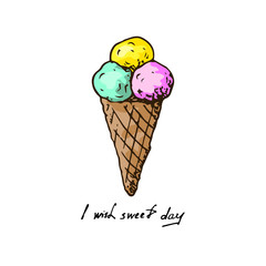 Illustration. Waffle cone with three scoops of ice cream. I wish