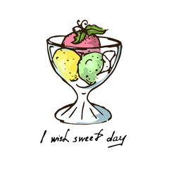 Illustration. Colored balls of ice cream with mint in the dish.