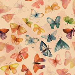 A seamless background pattern with many watercolour butterflies