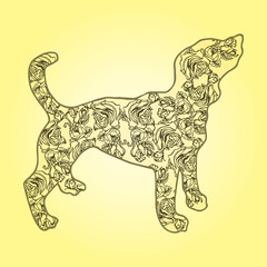 Illustration. Dog with flowers on a yellow background. Sketch.