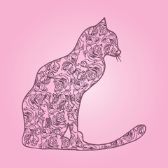 Illustration. Cat with flowers on pink background. Sketch.