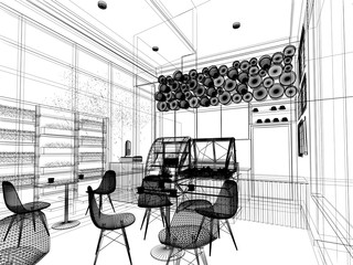 sketch design of coffee shop ,3d wire frame render 