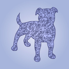 Illustration. Dog with flowers on a blue background. Sketch.