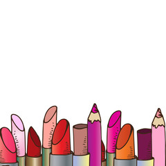 Illustration of cosmetics. Pencils and lipsticks for make-up. Ba