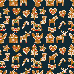 Seamless pattern with Christmas gingerbread cookies - xmas tree, candy cane, angel, bell, sock, gingerbread men, star, heart, deer, rocking horse. Winter holiday vector design xmas background. - 91588935