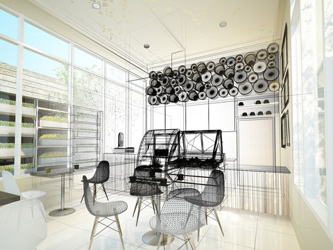 sketch design of coffee shop ,3d wire frame render 
