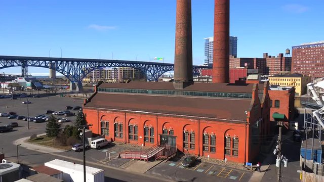 Establishing shot of the industrial skyline of Cleveland Ohio.