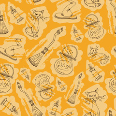 Hand drawn seamless pattern with halloween attributes