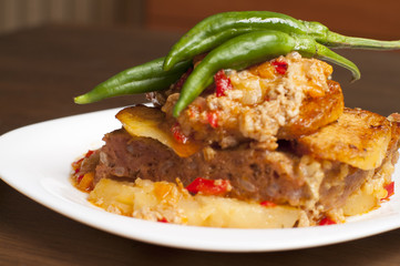 meatloaf with mashed potatoes and green chillies
